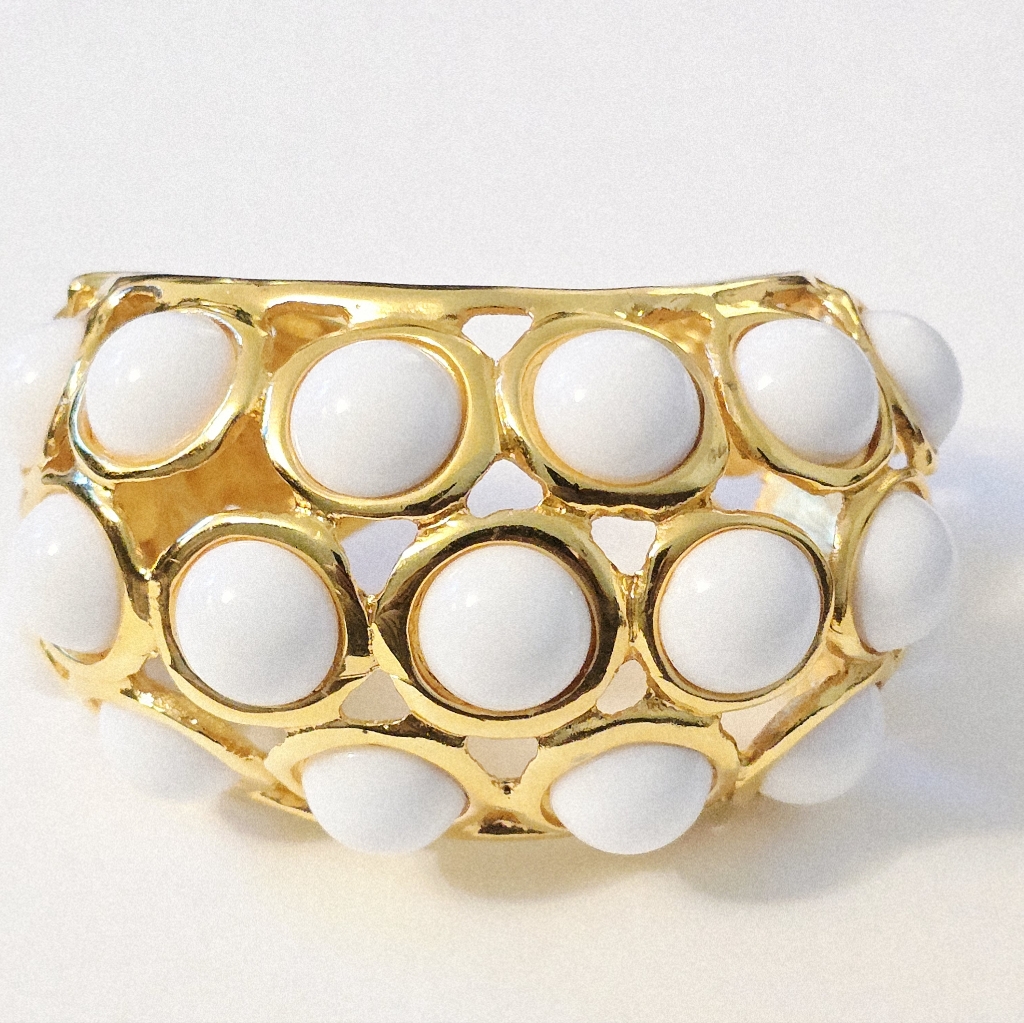 Vintage Kenneth Jay Lane Chunky White Cabochon Cuff Bracelet Mod Space Age